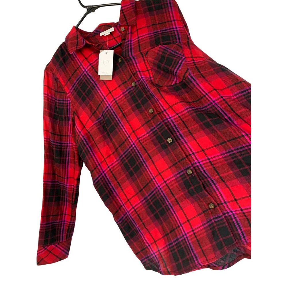 MP NWT J. Jill Womens Flannel Shirt Scarlet Plaid Button M Petite REE10685